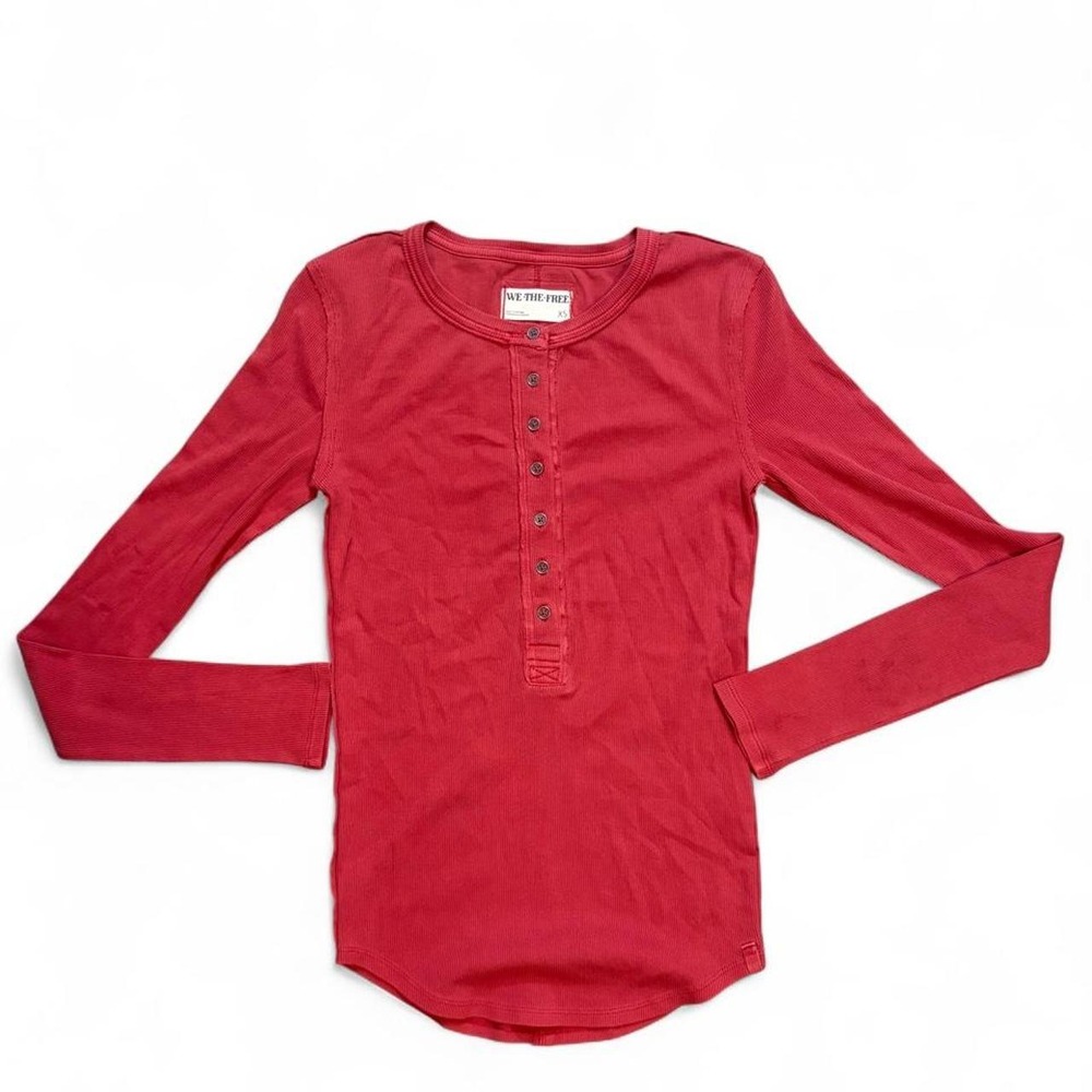 Free People We The Free Red Ribbed Henley Top XS Long Sleeve Fitted Boho